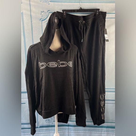 Bebe Size:2X Women Set  ALLOVER Rib Hoodie/ ALLOVER Rib Hoodie Jogger Black - Picture 14 of 15